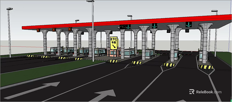 Modern Toll Station With Multiple Lanes Booths Red Canopy And ETC Signs 3d model 