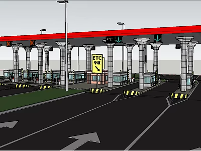 Modern Toll Station With Multiple Lanes Booths Red Canopy And ETC Signs 3d model