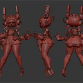 3D Character Wearing Pink Dress Purple Stockings Mechanical Headgear Holding Weapons Three Angles View