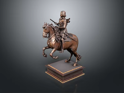 Man Riding Detailed Bronze Horse Statue Holding Weapon On Decorative Base 3d model