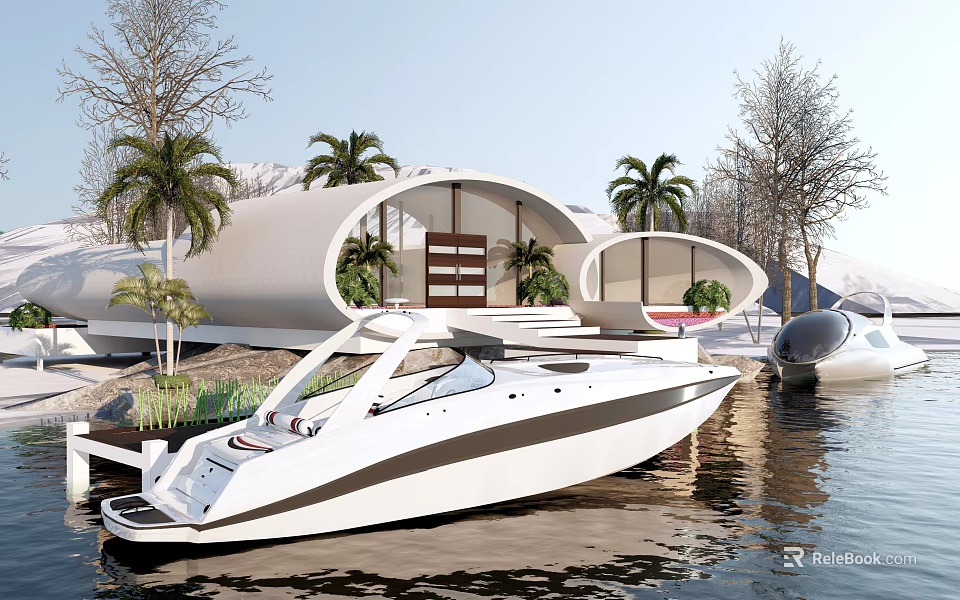 Modern Curved White Boutique Guesthouse Architecture With Waterfront Palm Trees And Boat Dock 3d model 