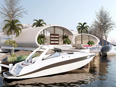 Modern Curved White Boutique Guesthouse Architecture With Waterfront Palm Trees And Boat Dock 3d model