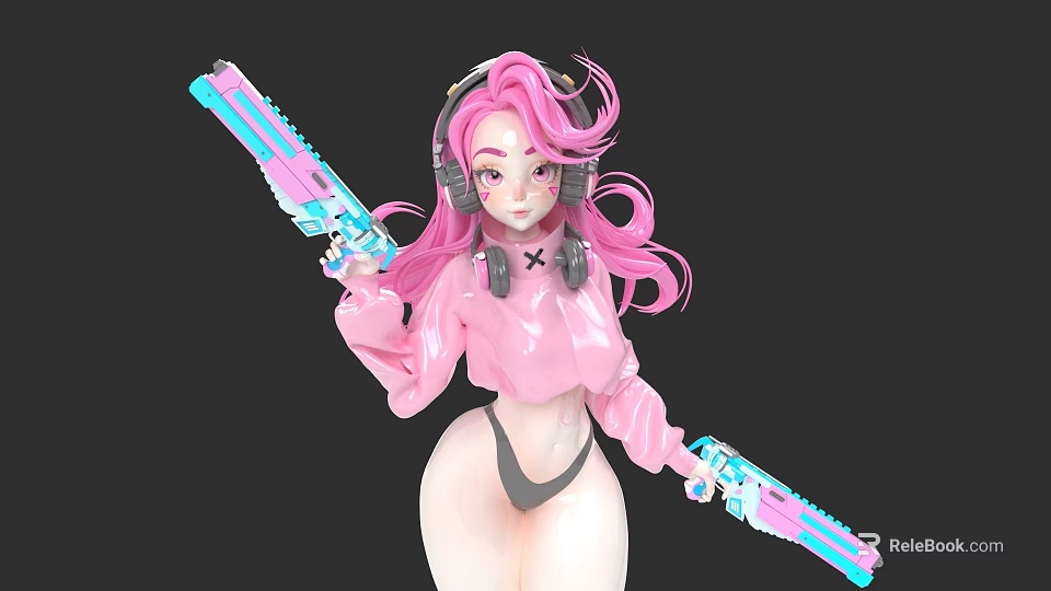 Anime Style Pink Haired Character Wearing Headphones And Pink Top Holding Two Blue Pink Weapons 3d model 