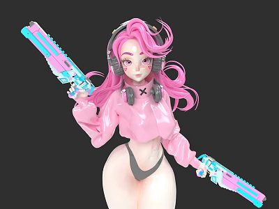 Anime Style Pink Haired Character Wearing Headphones And Pink Top Holding Two Blue Pink Weapons 3d model