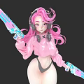 Anime Style Pink Haired Character Wearing Headphones And Pink Top Holding Two Blue Pink Weapons
