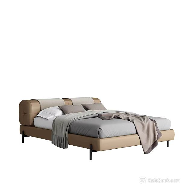 Modern Double Bed With Beige Upholstered Headboard Gray Bedding And Soft Throw Blanket 3d model