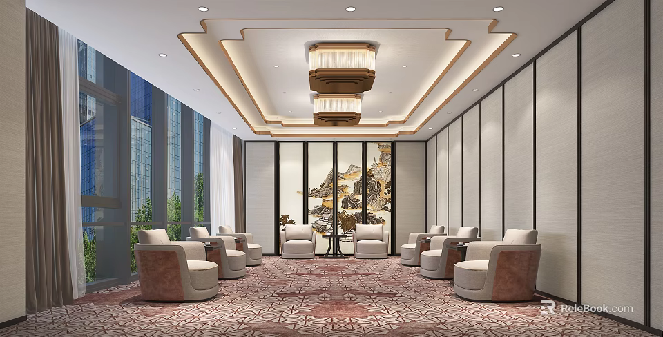Elegant Hotel Public Lounge Area With Luxury Sofas Chandelier And Decorative Painting 3d model 