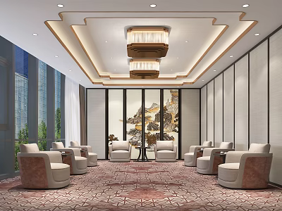 Elegant Hotel Public Lounge Area With Luxury Sofas Chandelier And Decorative Painting 3d model