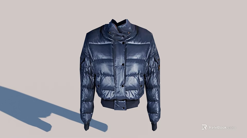 Stylish Blue Short Down Jacket Featuring Stand Collar Quilted Design And Elastic Cuffs Hem 3d model 