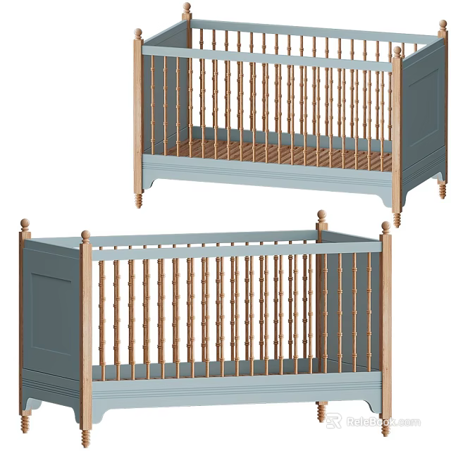 Two Baby Cribs With Light Blue Frame And Wooden Vertical Railings Design 3d model 