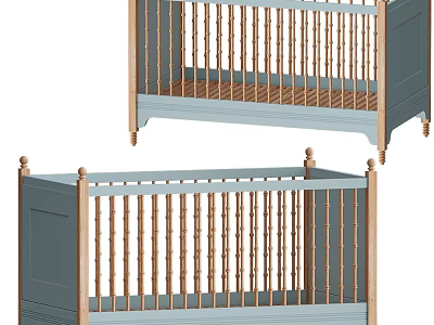 Two Baby Cribs With Light Blue Frame And Wooden Vertical Railings Design 3d model