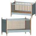 Two Baby Cribs With Light Blue Frame And Wooden Vertical Railings Design
