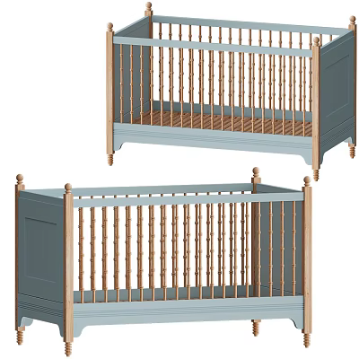Two Baby Cribs With Light Blue Frame And Wooden Vertical Railings Design 3d model