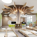 School Interior Design With Tree Shaped Ceiling Green White Walls And Small Beds 3d model