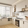 Modern Kitchen Interior With White Cabinets Island Counter Appliances And Window