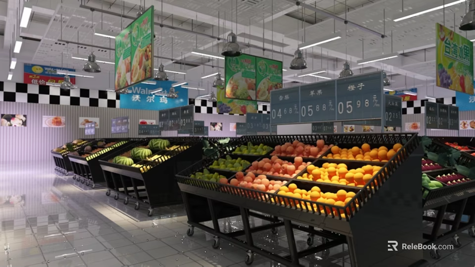 Supermarket Grocery Fresh Produce Area With Various Fruits On Shelves And Price Tags 3d model 