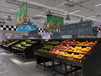Supermarket Grocery Fresh Produce Area With Various Fruits On Shelves And Price Tags 3d model