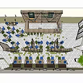 Cozy Cafe Interior With Wooden Shelves Green Plants Blue Chairs And Hexagonal Floor Tiles