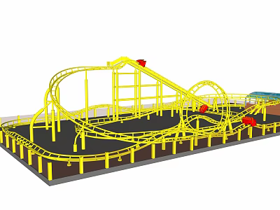 Large Scale Yellow Roller Coaster With Twisted Tracks And Metal Supports For Amusement Park Entertainment 3d model
