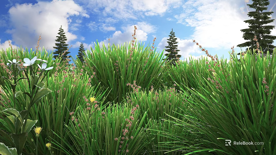 Shrubs in Lush Green Grass Field with Tall Pine Trees White Clouds and Yellow Flowers 3d model 