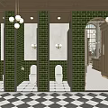 Commercial Street Interior With Two Floors Brick Walls Chandeliers Arched Doorways And Tables