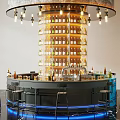 Modern Circular Bar With Hanging Lights And Wine Bottle Shelves Bar Stools Blue LED Lighting