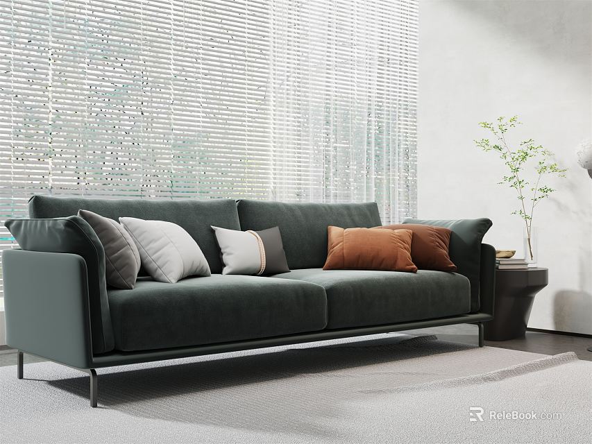 Dark Green Two-Seater Sofa with Gray White Brown Throw Pillows by Window Blinds and Plant 3d model 