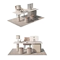 Modern Minimalist Work Desk Setup With Computer Lamp Stools Cabinet And Rug 3d model