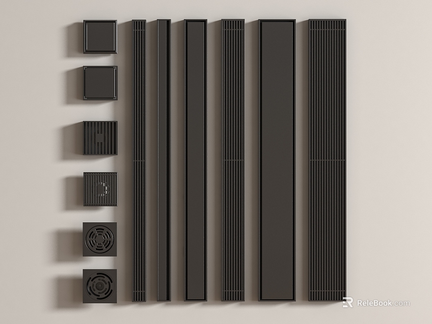 Modern Black Bathroom Accessories Set with Strip and Square Design for Bathroom Organization 3d model 