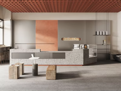 Modern Cafe Interior With Reception Counter Wooden Stools And Stylish Ceiling Design 3d model