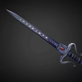 Ornate Fantasy Sword With Curved Silver Hilt Red Gemstone And Golden Blade Accents