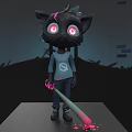 Dark Haired Character With Black Cat Having Glowing Red Eyes And Pink Paint Splatters On Bat