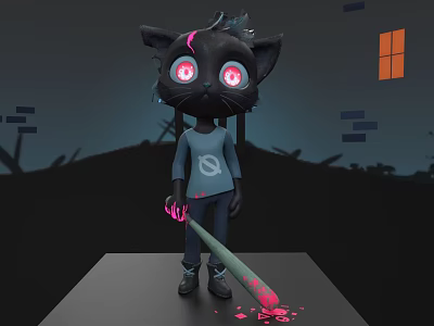 Dark Haired Character With Black Cat Having Glowing Red Eyes And Pink Paint Splatters On Bat 3d model