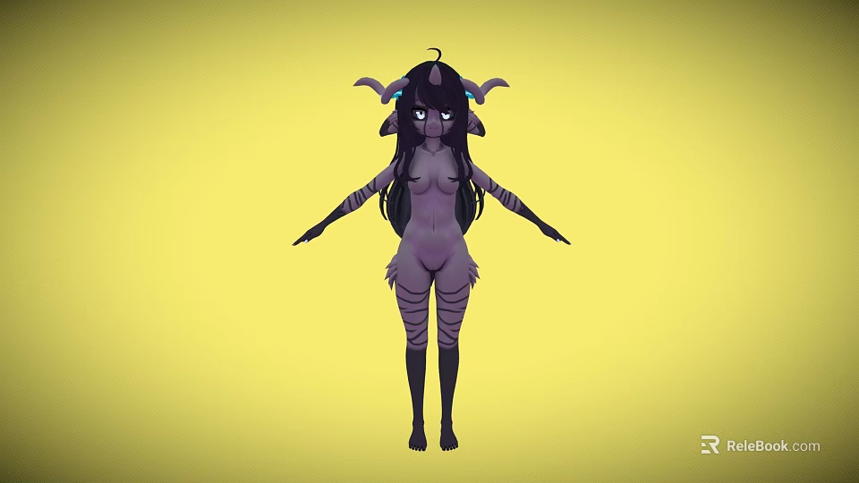 Purple Skinned Game Movie Character With Horns Long Black Hair Striped Body On Yellow Background 3d model 