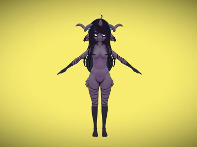 Purple Skinned Game Movie Character With Horns Long Black Hair Striped Body On Yellow Background 3d model