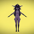 Purple Skinned Game Movie Character With Horns Long Black Hair Striped Body On Yellow Background