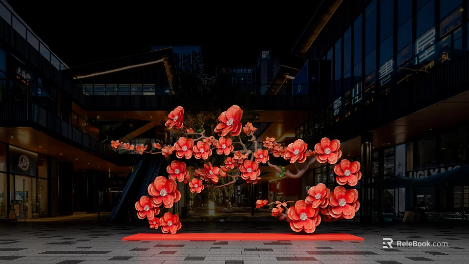 Vibrant Red Flower Floral Installation At Modern Building Entrance With Decorative Design 3d model 