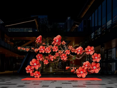 Vibrant Red Flower Floral Installation At Modern Building Entrance With Decorative Design 3d model
