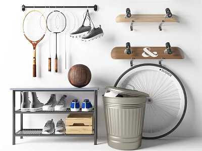 Organized Sports Equipment Display with Tennis Badminton Rackets Skates Skateboard Basketball Sneakers and Bicycle Wheel 3d model