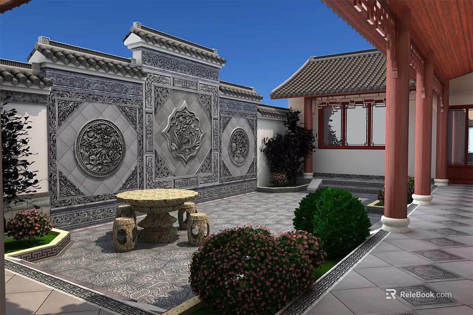 Traditional Chinese Garden Landscape With Carved Relief Walls Stone Table And Green Shrubs 3d model 