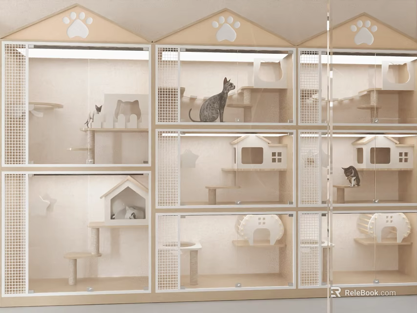 Wooden Multi Tiered Cat Cage Interior With Small Houses Platforms And Cats 3d model 