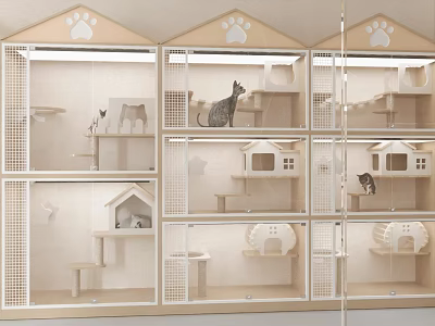 Wooden Multi Tiered Cat Cage Interior With Small Houses Platforms And Cats 3d model