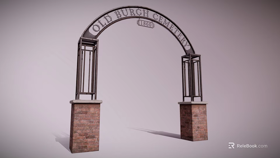 Old Burgh Cemetery Arched Entrance Gate With Red Brick Pillars And 1820 Inscription 3d model 