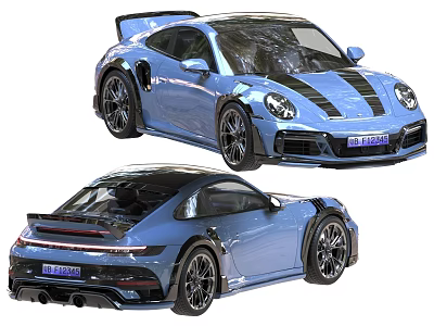 Blue High Performance Sports Car With Black Stripes Large Rear Spoiler And Sporty Wheels 3d model