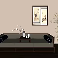 Traditional Chinese Daybed With Wooden Frame White Cushions Blue Bolsters Tea Table And Decorative Painting