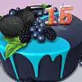 Delicious Birthday Cake With Blue Dripping Frosting Blackberries Blueberries Oreo Cookies And Number 15 Decoration