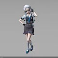 Cute Anime Girl Character With Little Creature In Blue Black Outfit And Gray Skirt