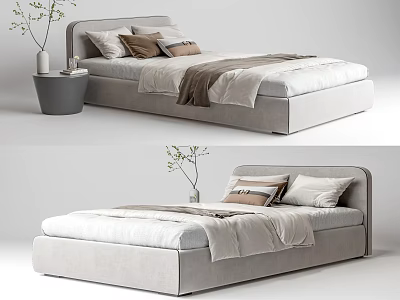 Modern Light Gray Single Bed With Soft Pillows Cozy Blanket And Side Table Plant Vase 3d model