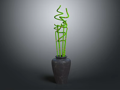 Elegant Green Twisted Bamboo Stems in Dark Ceramic Vase for Home Decor 3d model