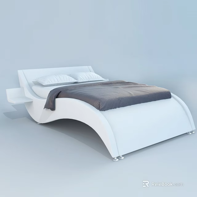 Modern White Double Bed With Sleek Curved Design Pillows And Blanket 3d model 